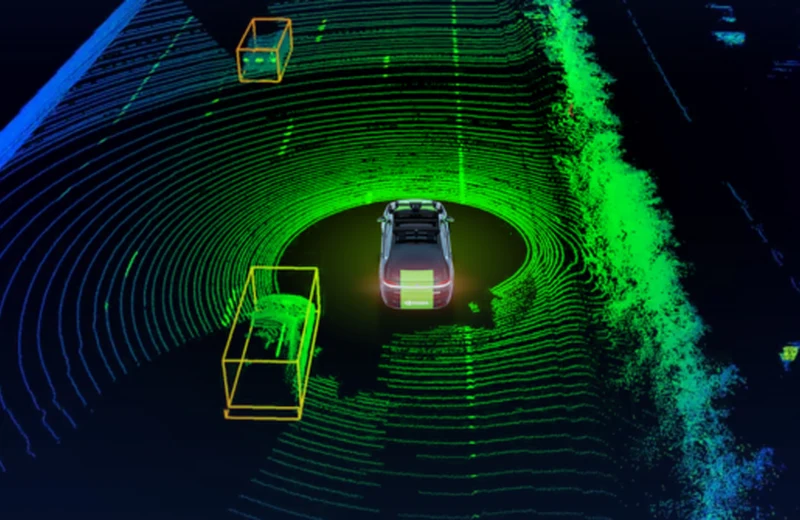 Lidar mapping the road with light — the green rings are laser measurements