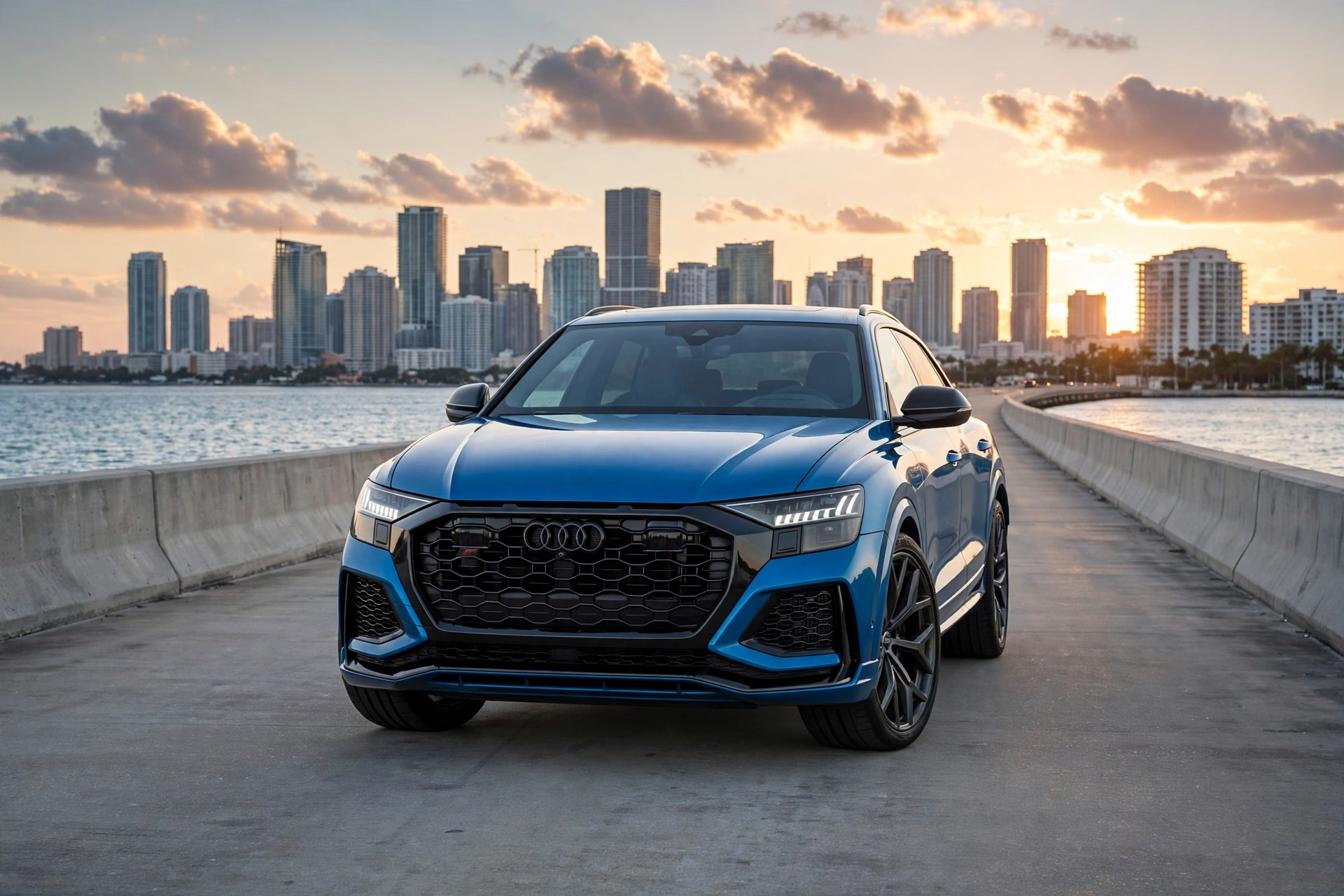 Audi RS Q8 on the causeway with the Miami skyline