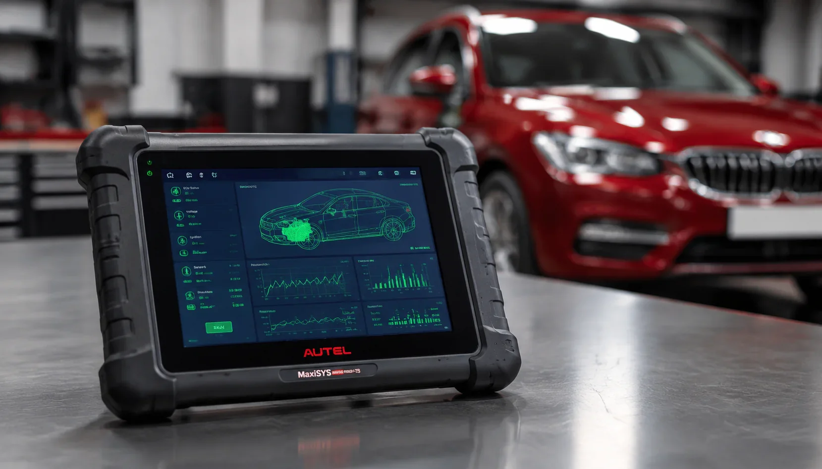 Autel MaxiSys Ultra diagnostic tablet running a full-system scan at Alfa Garage Miami