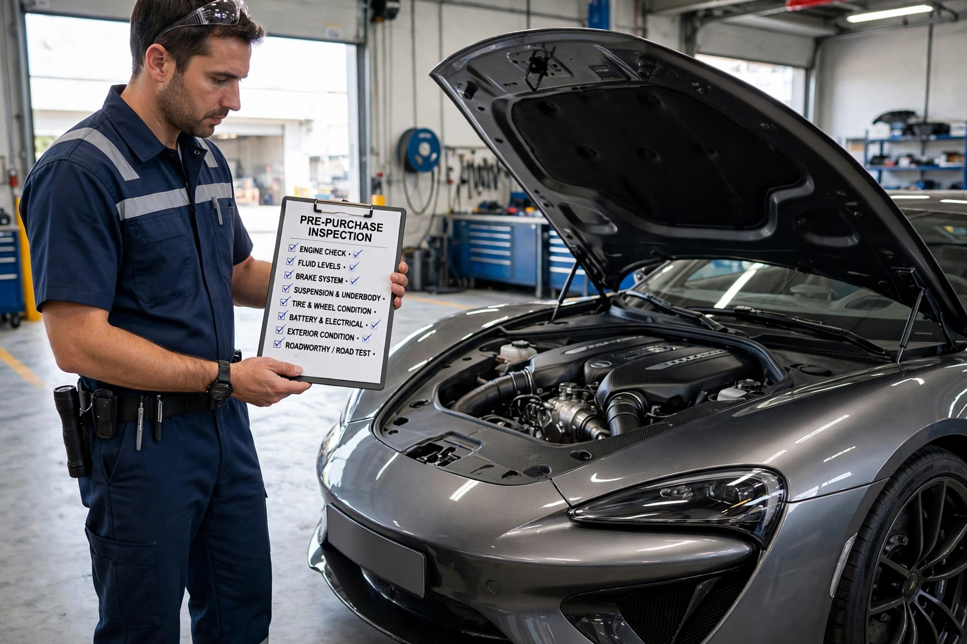 Alfa Garage Miami technician running a pre-purchase inspection checklist beside a McLaren with its hood open