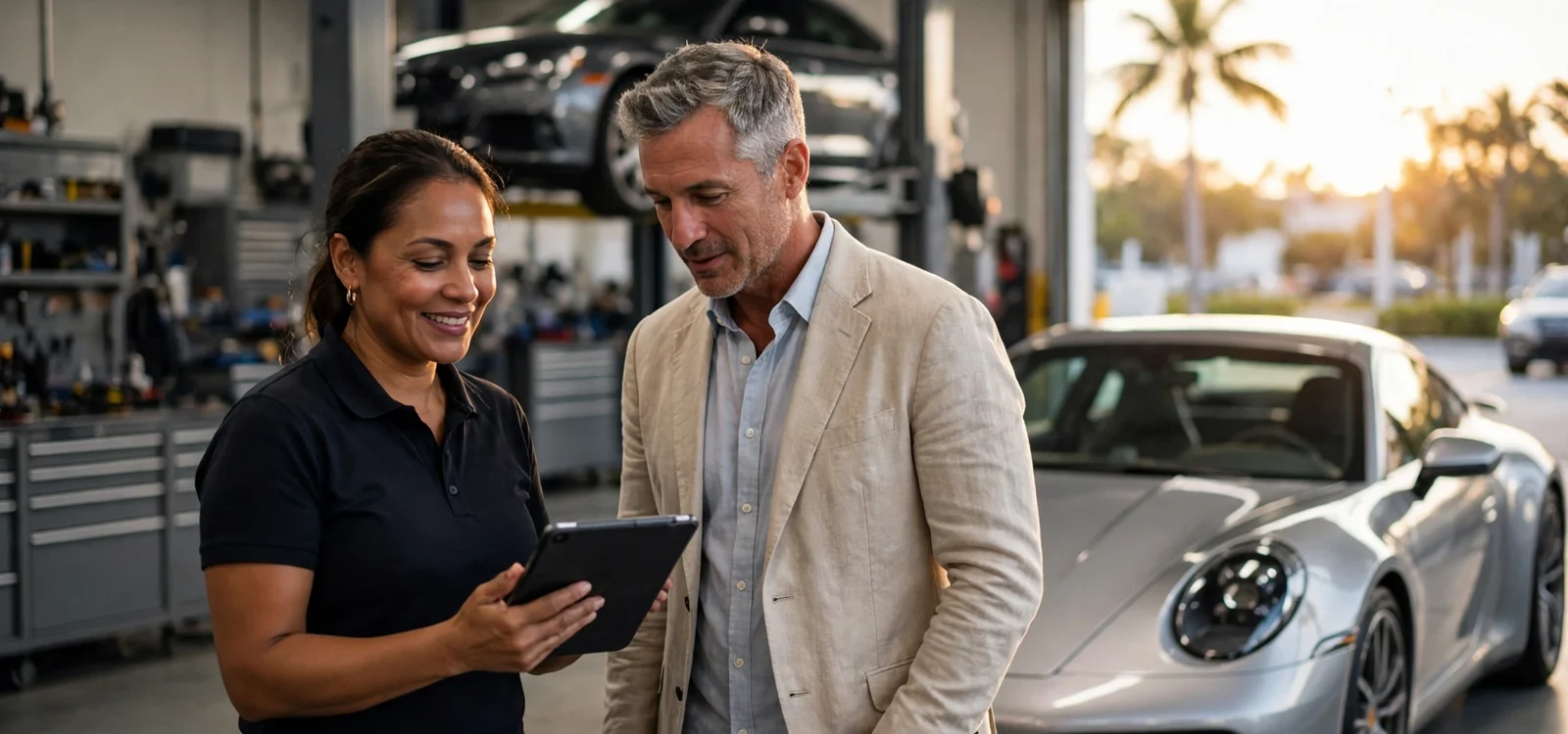Una asesora de servicio muestra a un cliente el trabajo en su Porsche plateado, tablet en mano, dentro de un taller luminoso de Miami