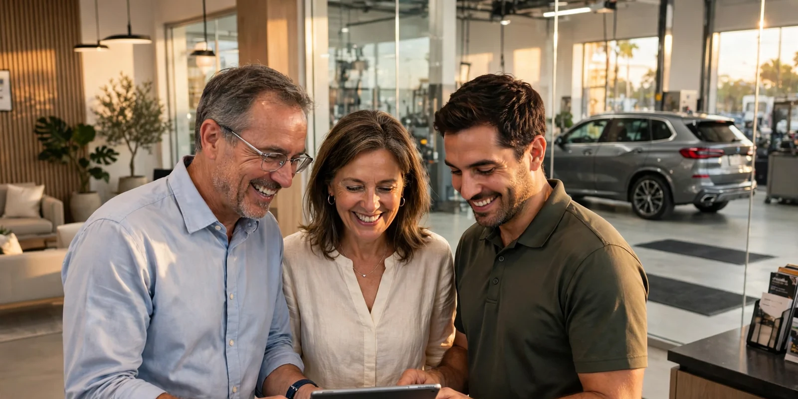 A couple reviews the finished work on a tablet with their advisor at Alfa Garage Miami, their BMW waiting behind the glass