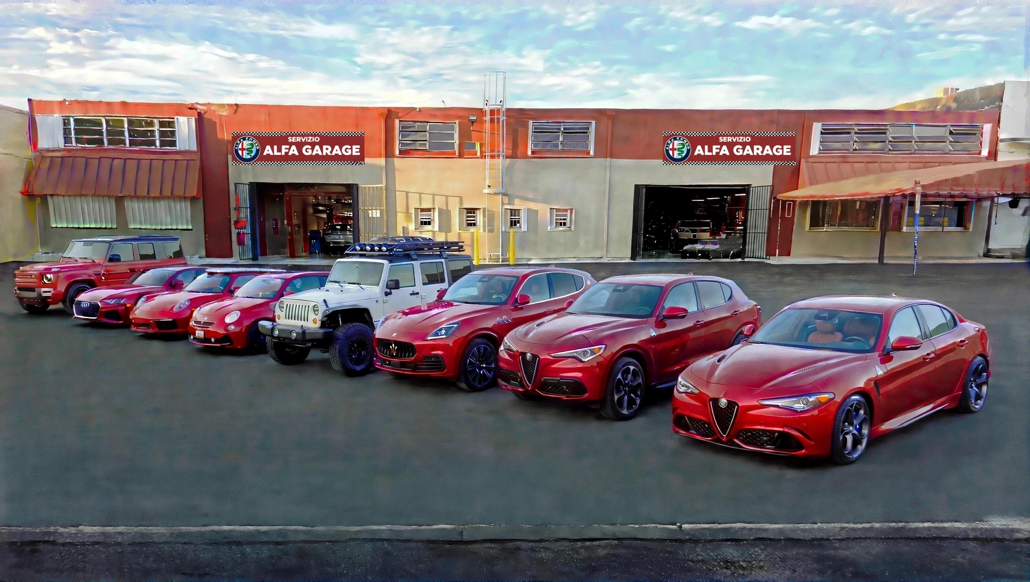 The morning lineup out front at Alfa Garage Miami — Italian cars waiting for SERVIZIO