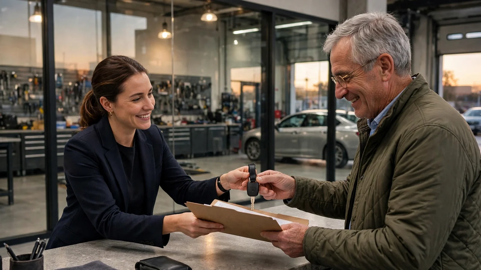 At the Alfa Garage Miami counter: the advisor hands over the approved warranty claim and the keys — the car waits ready behind the glass